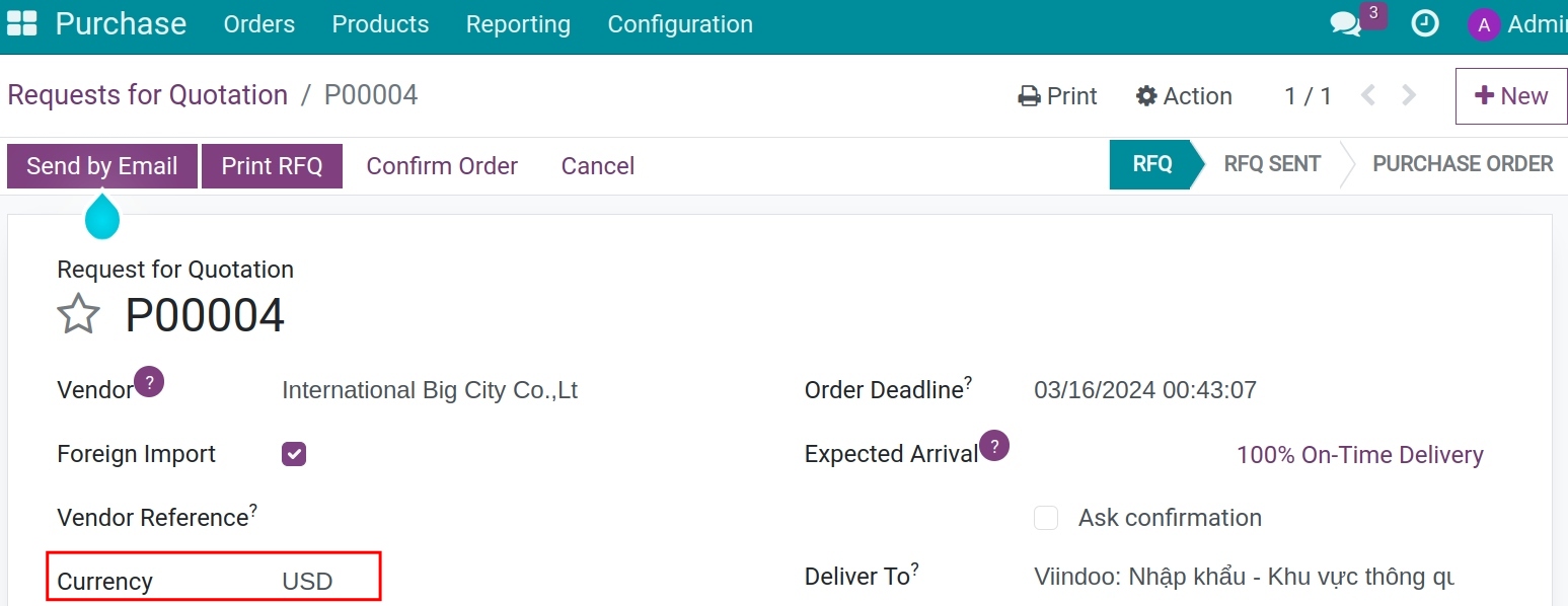 Choose vendor's currency in purchase order - Viindoo Foreign trade app