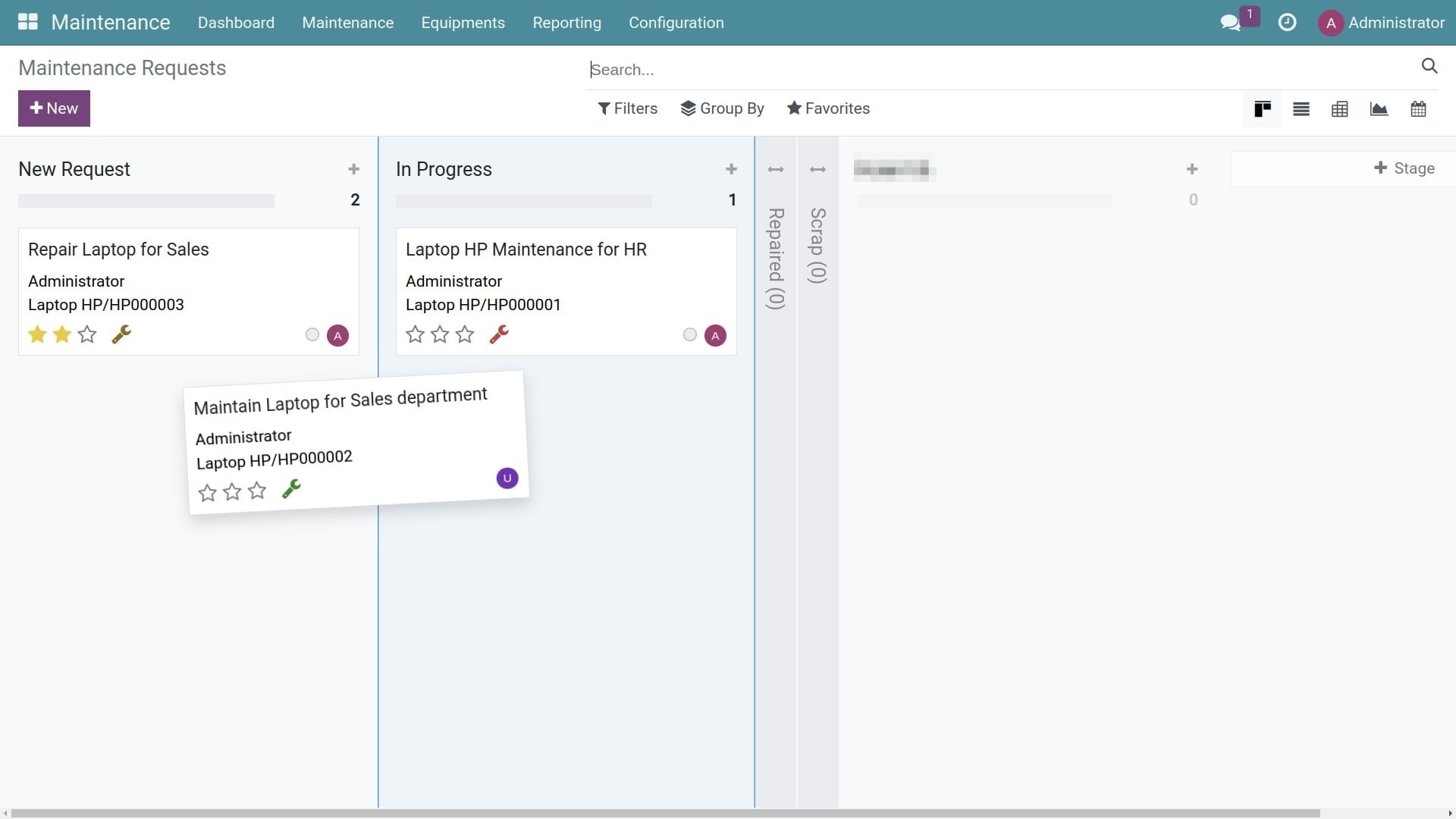 Change a maintenance request stage on the kanban view