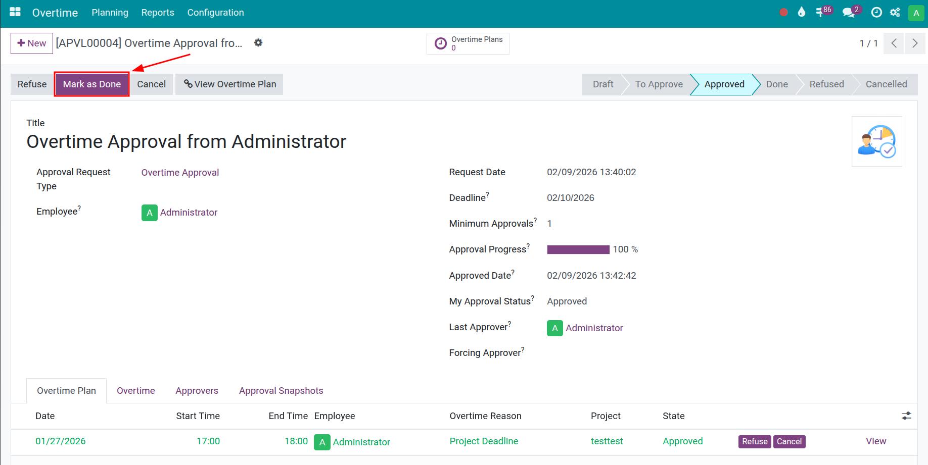 Mark as Done a compensatory time off