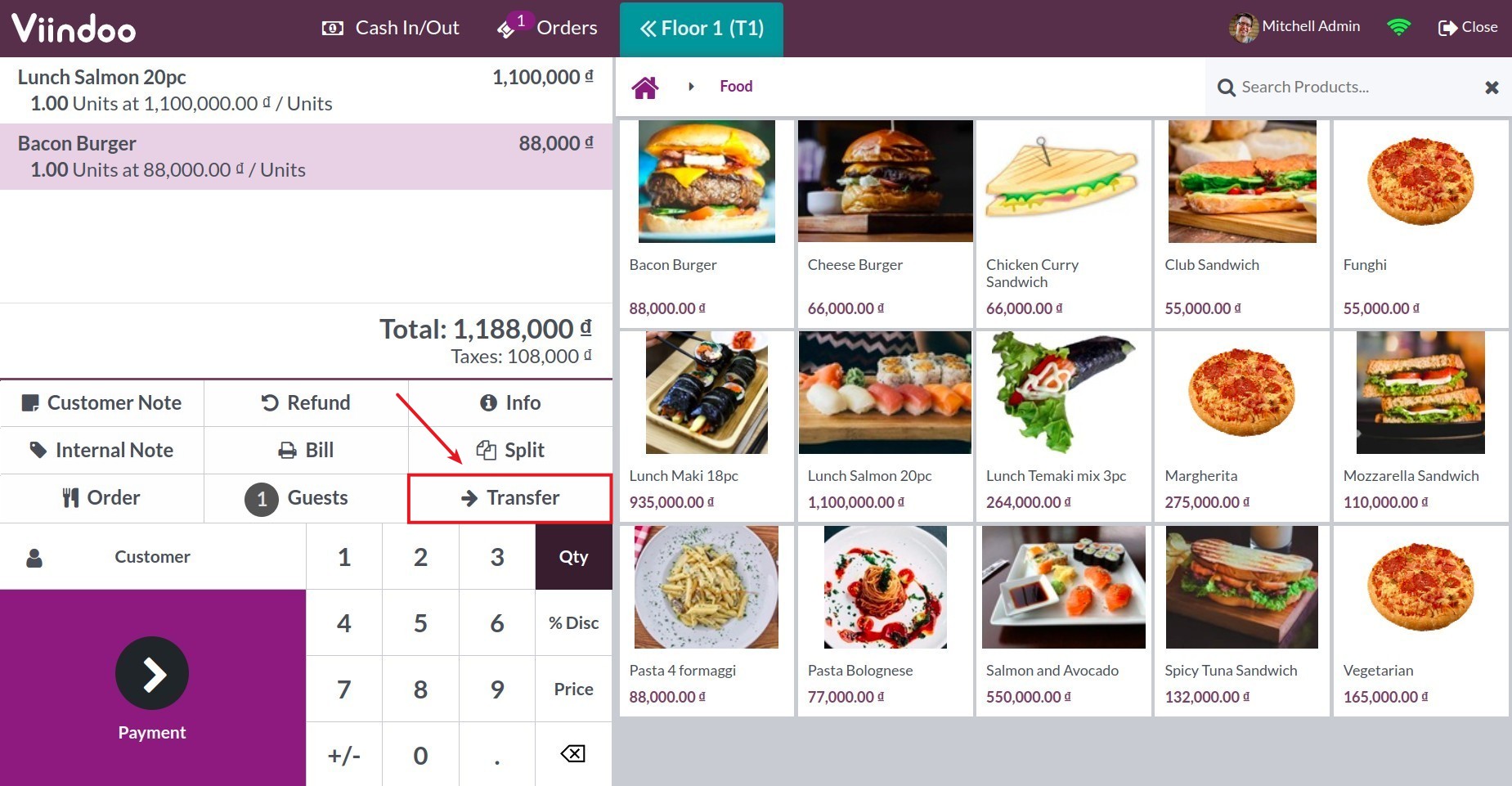 transfer table in order interface in viindoo pos