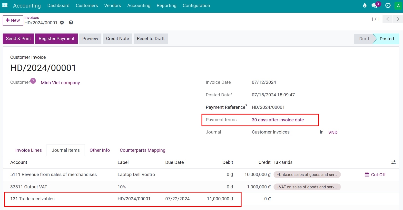 Record customer payment after due date - Viindoo accounting software