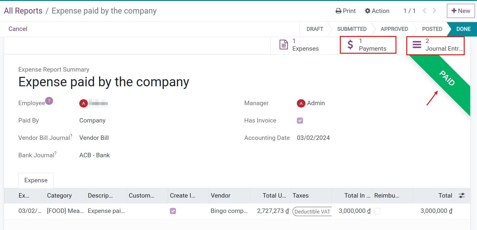 The payment and list of related entries in the company’s expenses in Viindoo
