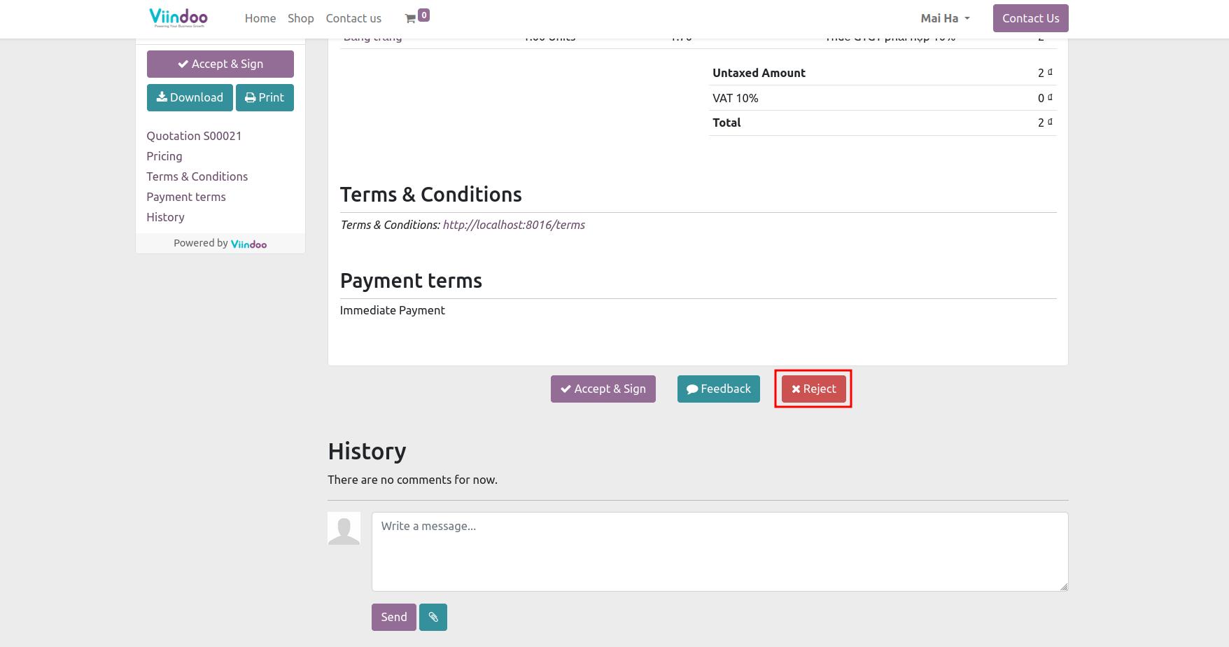 Cancel quotation in Viindoo