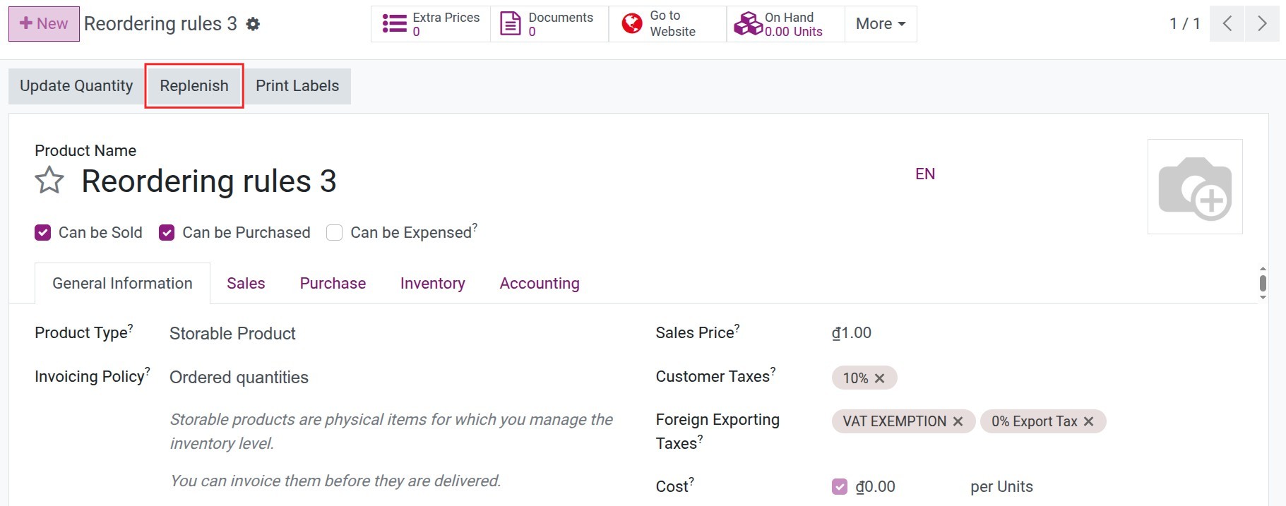 Replenish on product form