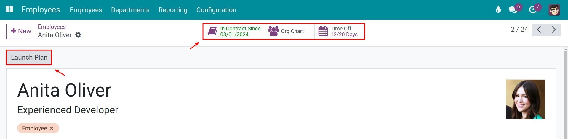 Viindoo smart buttons on the employee view
