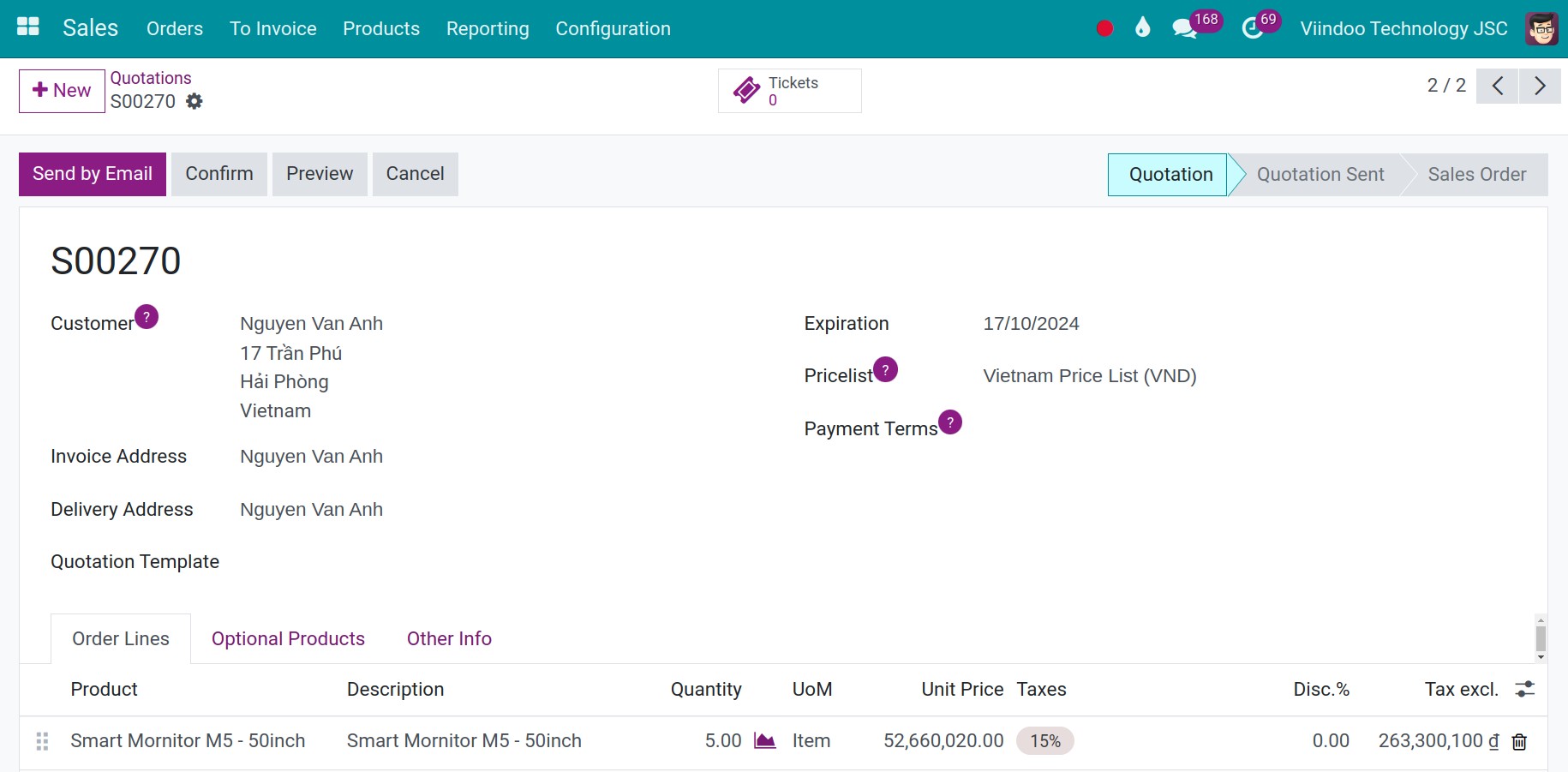 Create sales order Inventory Viindoo