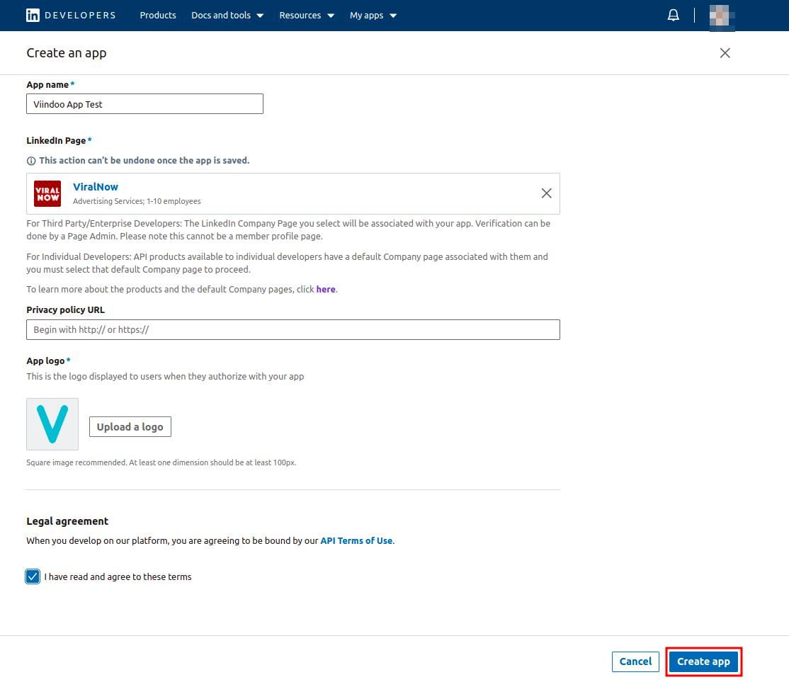 Enter the app information in Linkedin to integrate with Viindoo Social Marketing