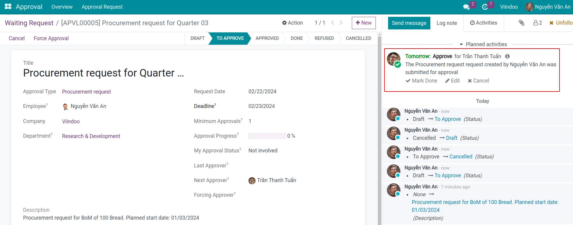 Schedule activity to the approval manager