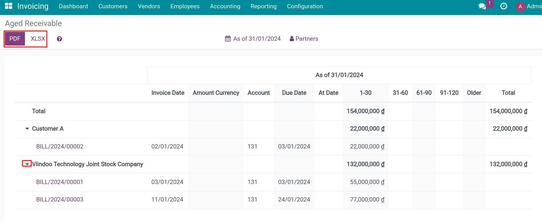 Aged receivable Viindoo accounting app