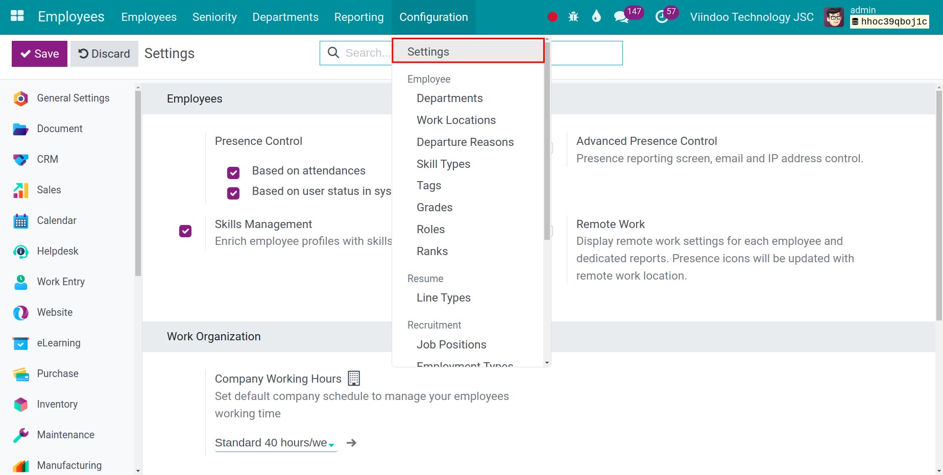 Viindoo interface of configuration and settings