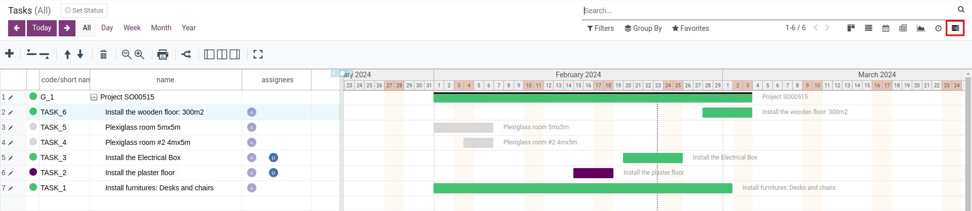 Gantt Chart view in Viindoo Project application.