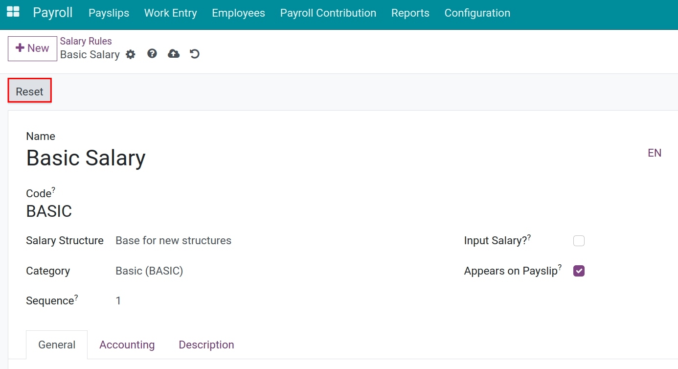 Reset conditions and calculation formulas on salary rules Payroll Viindoo