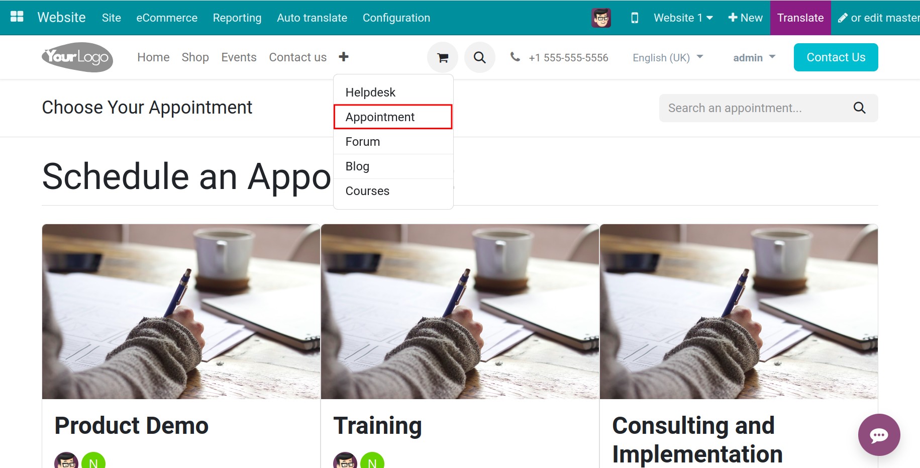 The appointment interface on the website.