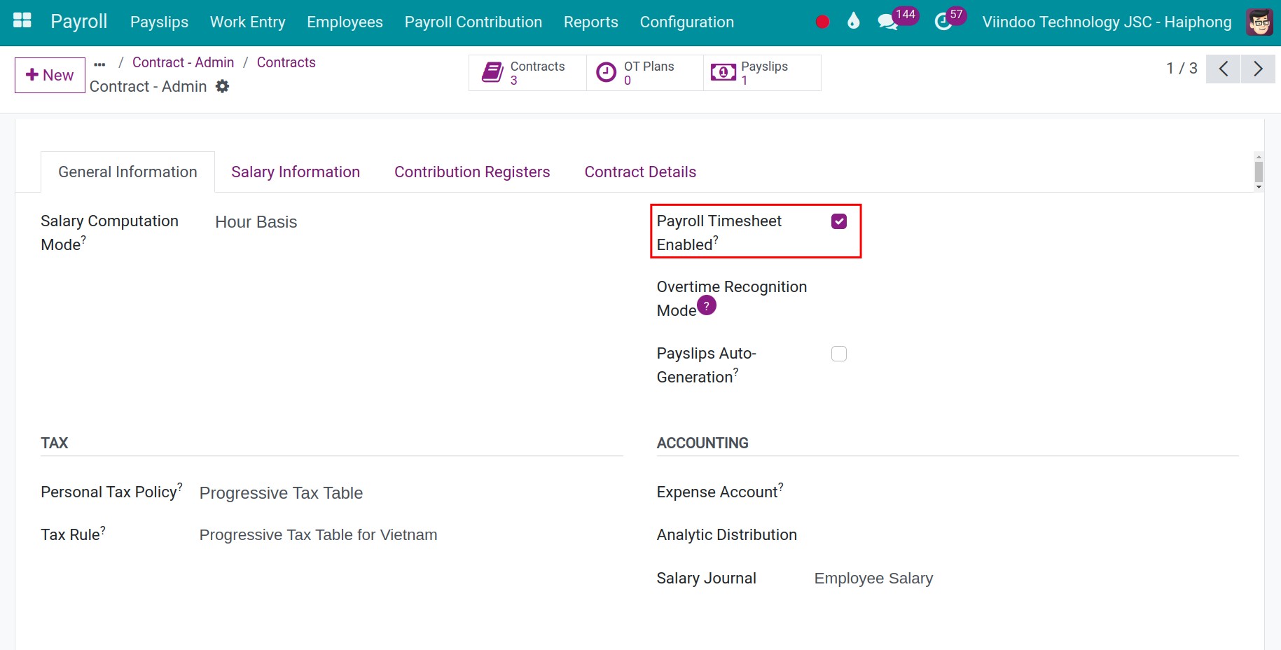 Automatically generate pay slips feature on employee contract - Payroll management software Viindoo