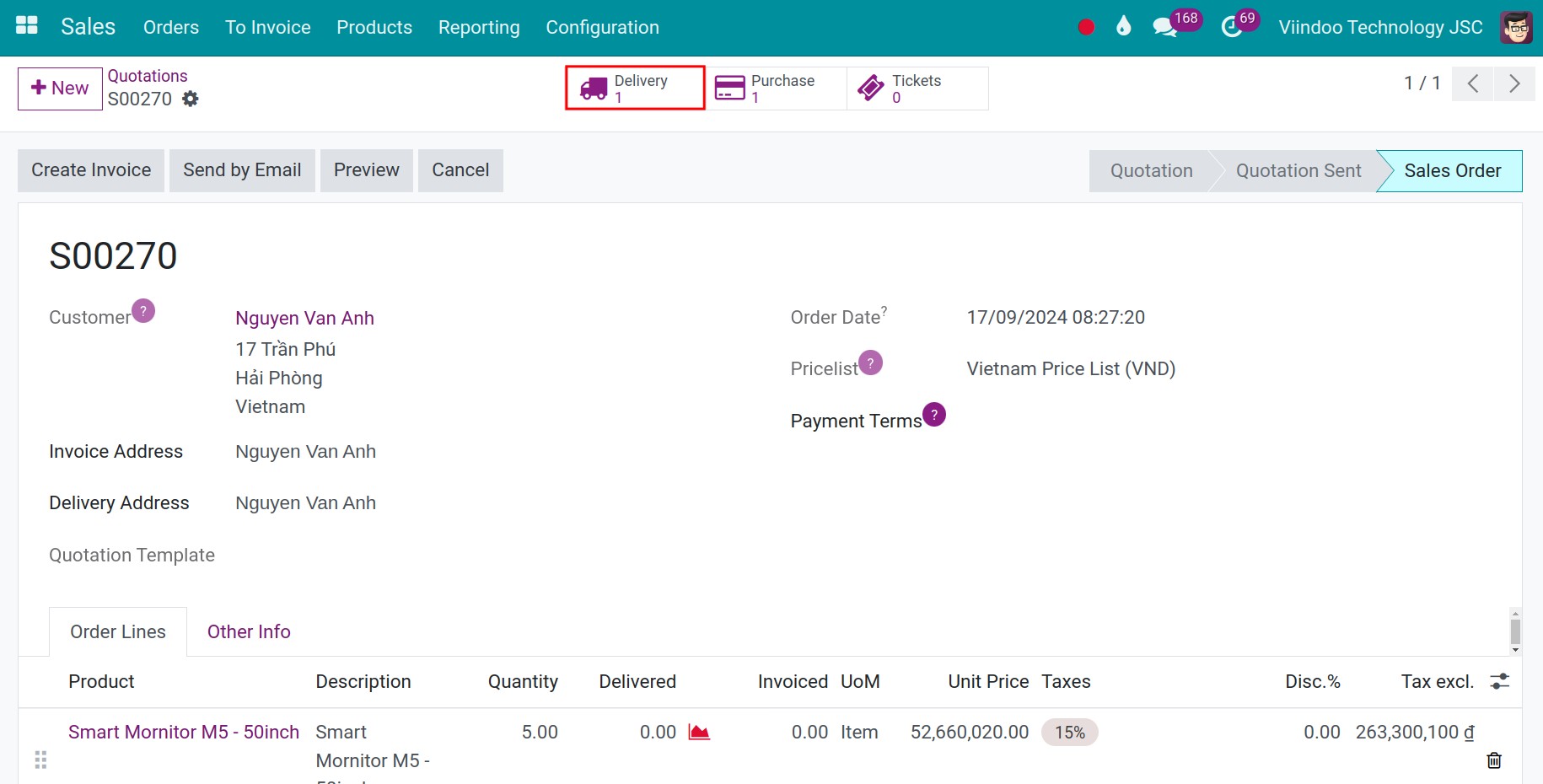 Delivery button Sales order Viindoo