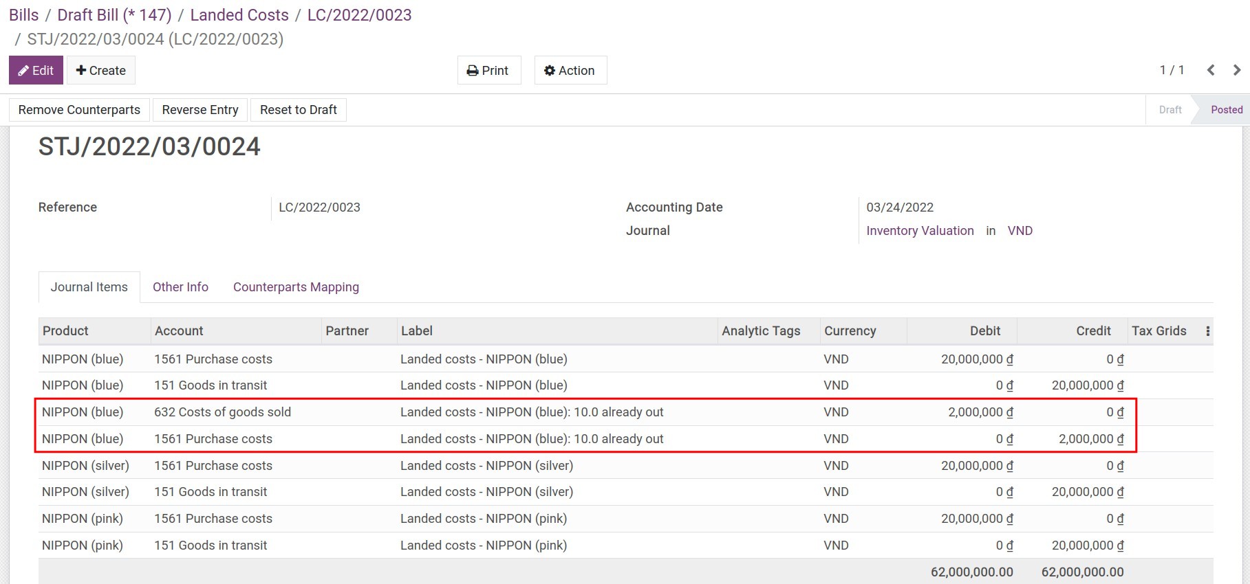 The adjustment entry of costs for sold products - Viindoo Accounting