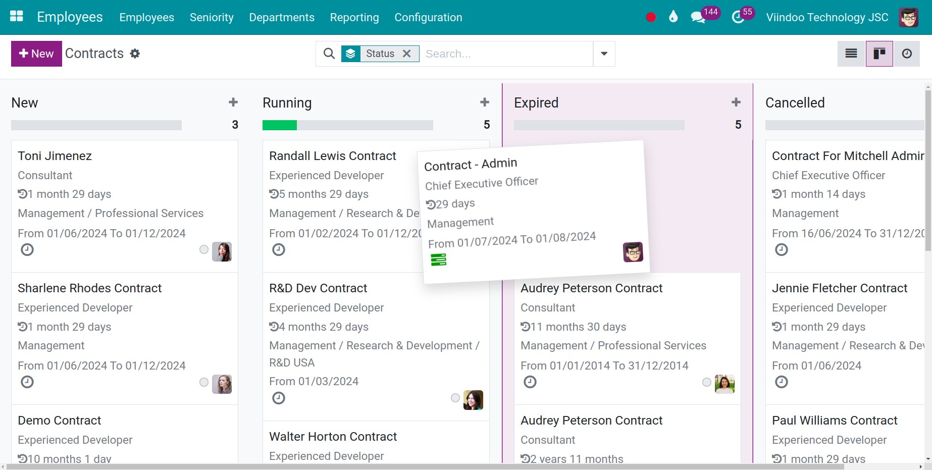 Change a contract stage on Kanban view