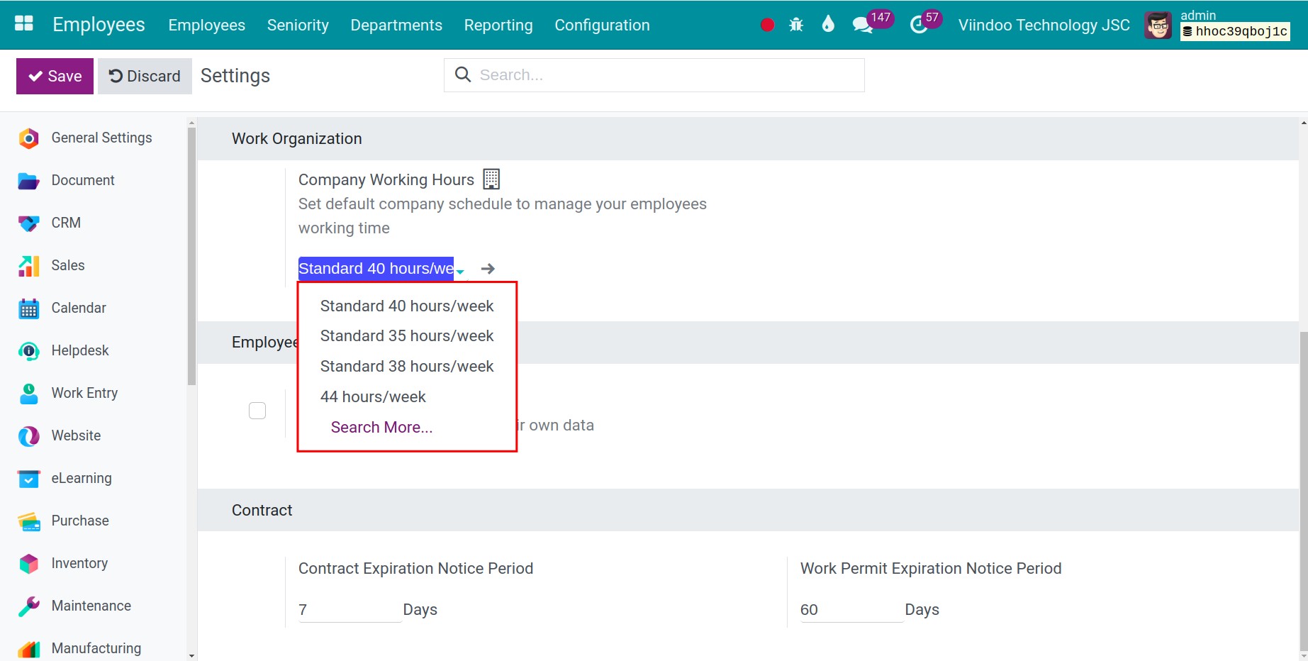 Viindoo interface of working times list