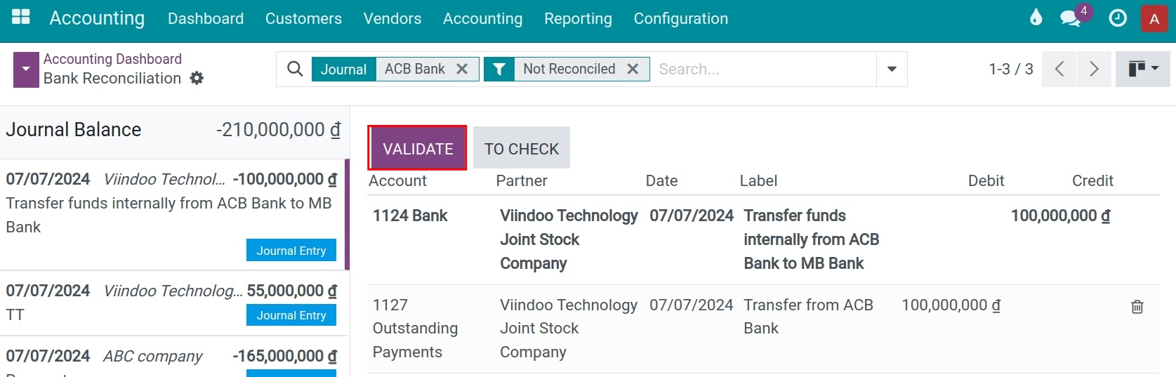 Bank reconciliation send money - Viindoo Accounting app