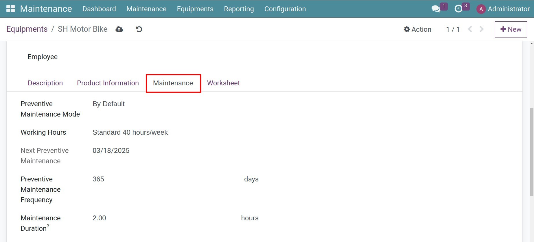 Maintenance tab