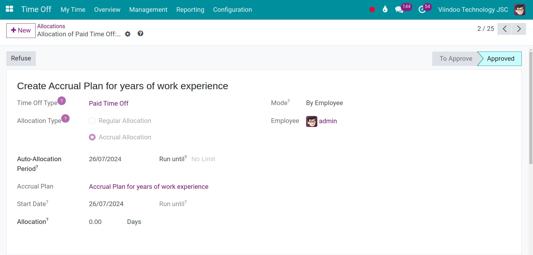 Create Accrual Plan for years of work experience