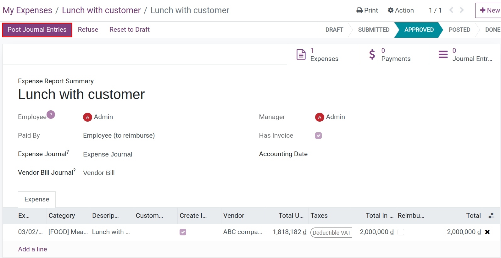 Post journal entries in the employee’s expenses in Viindoo