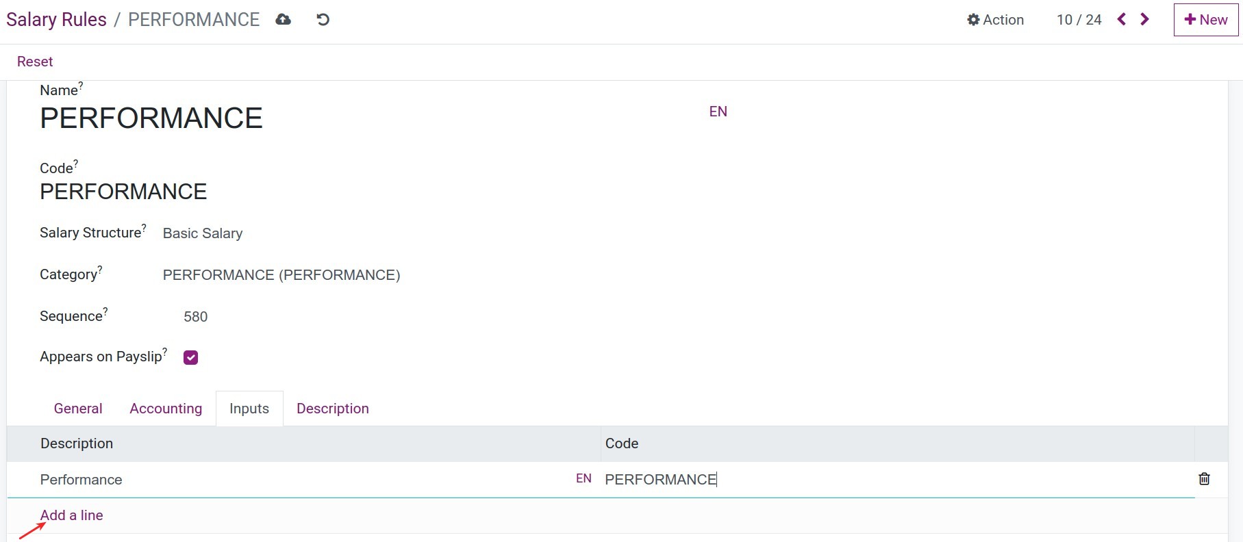 Fields on Inputs tab Salary Rule Payroll Viindoo