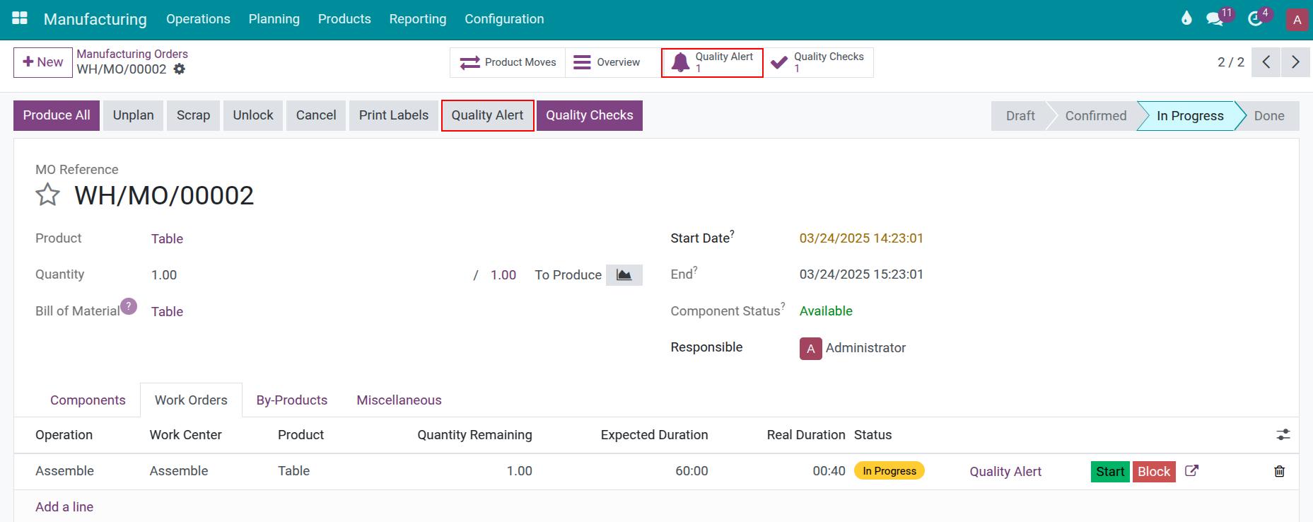 Create Quality alert on the manufacturing order