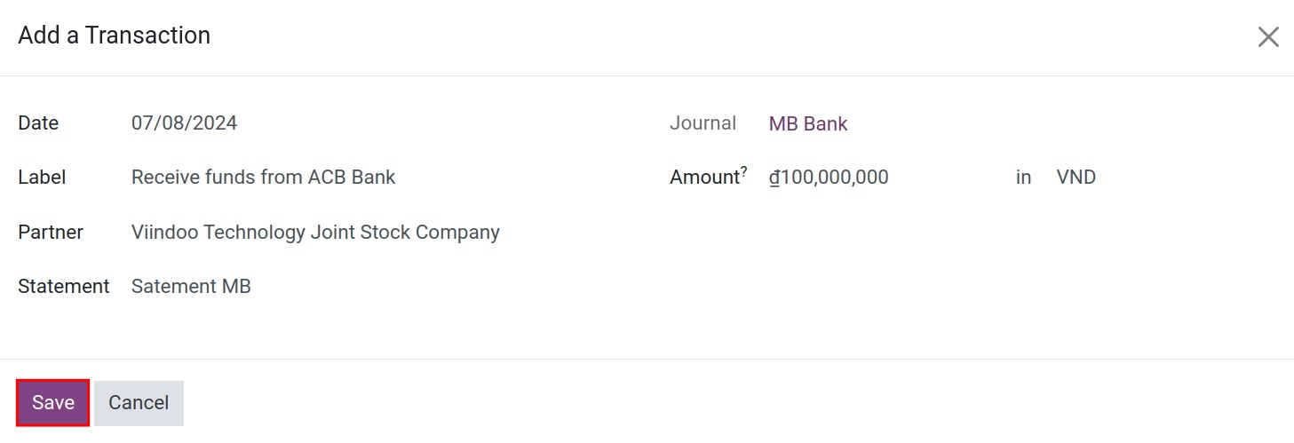Bank statement receive money - Viindoo Accounting app
