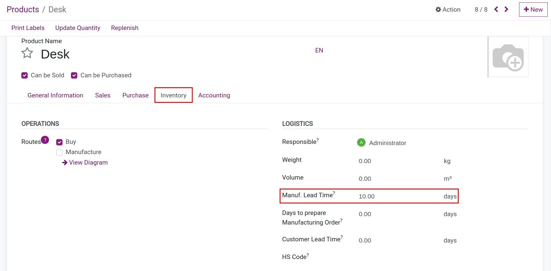Set up Manufacturing Lead Time