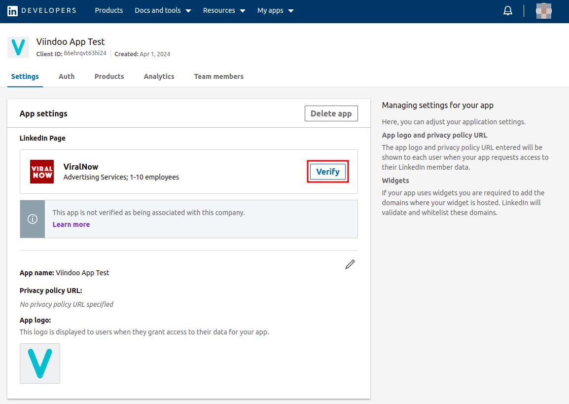 Verify company associate with app in Linkedin