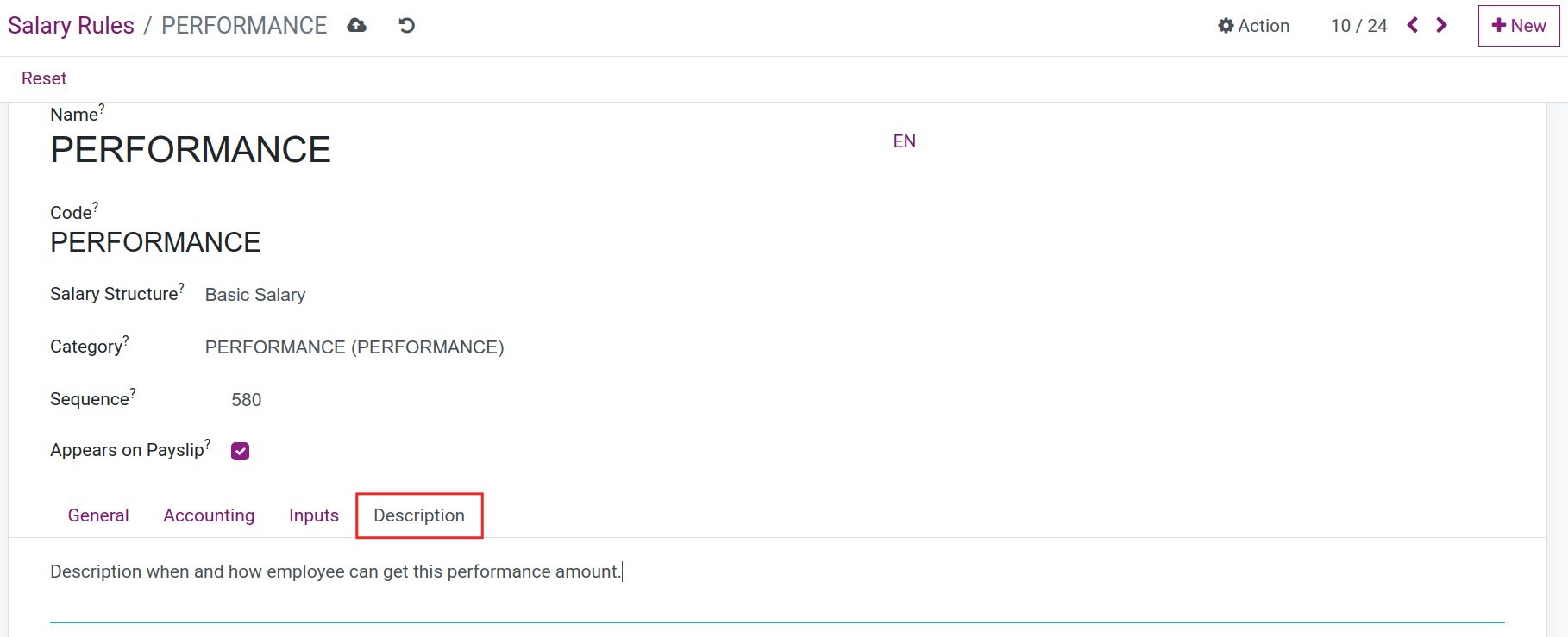 Fields on Description tab Salary Rule Payroll Viindoo