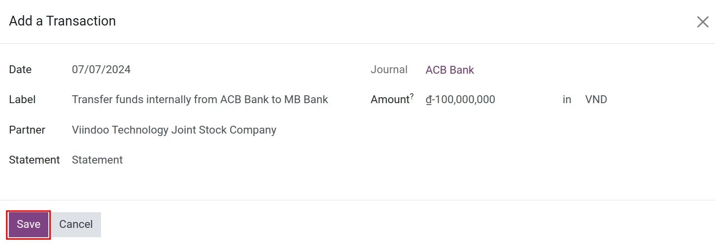 Bank statement send money - Viindoo Accounting app