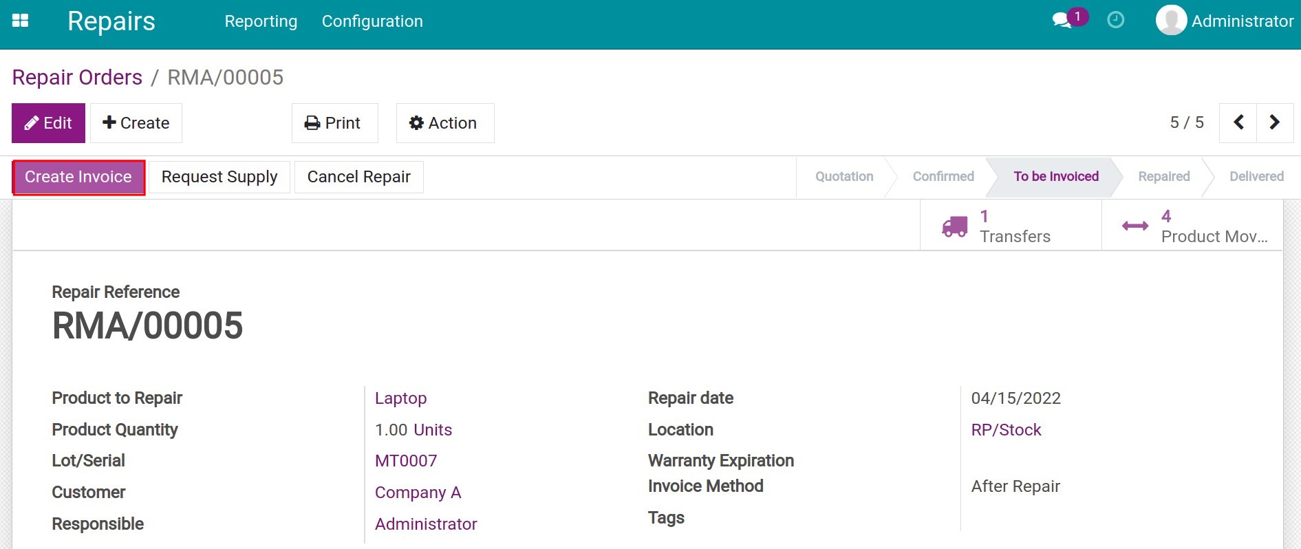 Create an invoice after the repair