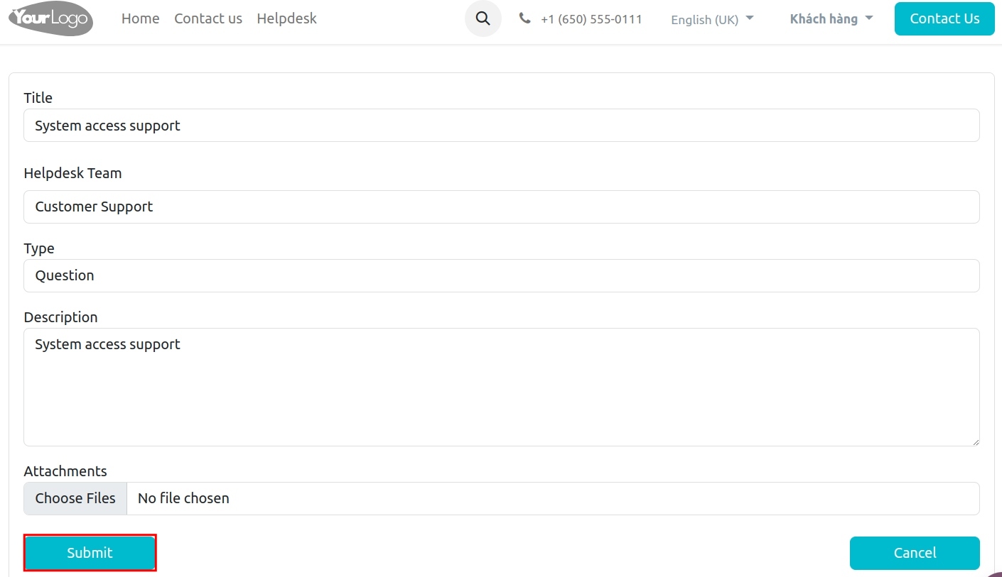 Send a helpdesk ticket on the website Viindoo