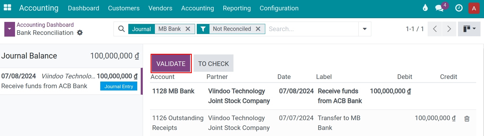 Bank reconciliation receive money - Viindoo Accounting app