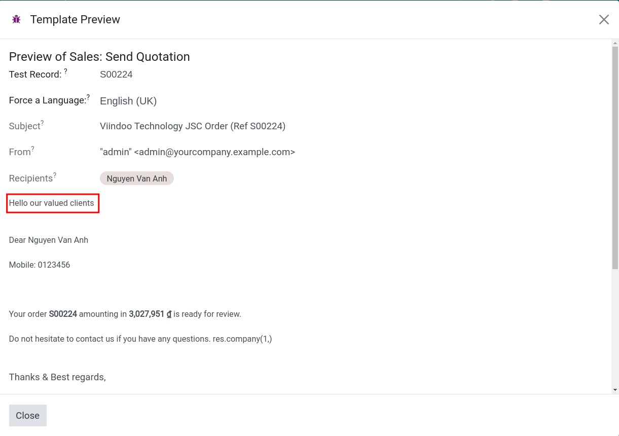 Default text result