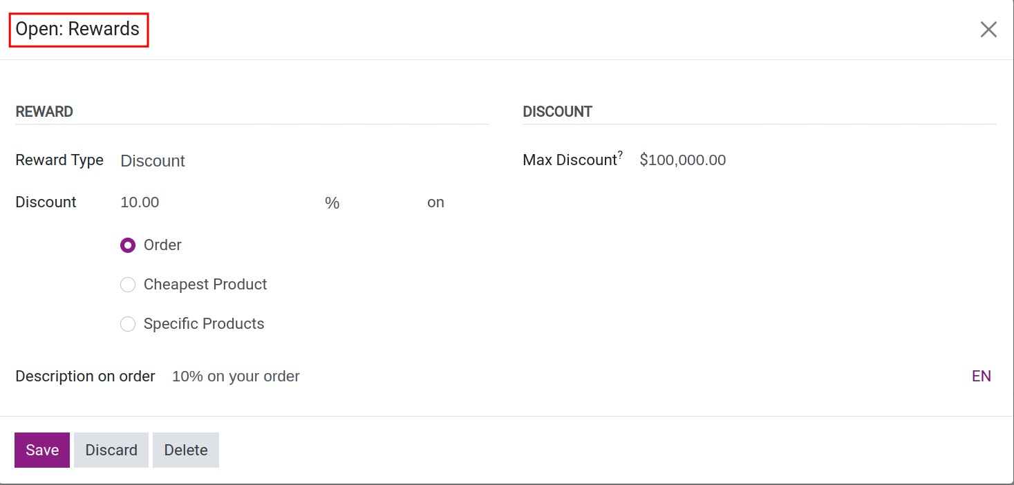 set up reward for a next order coupon program