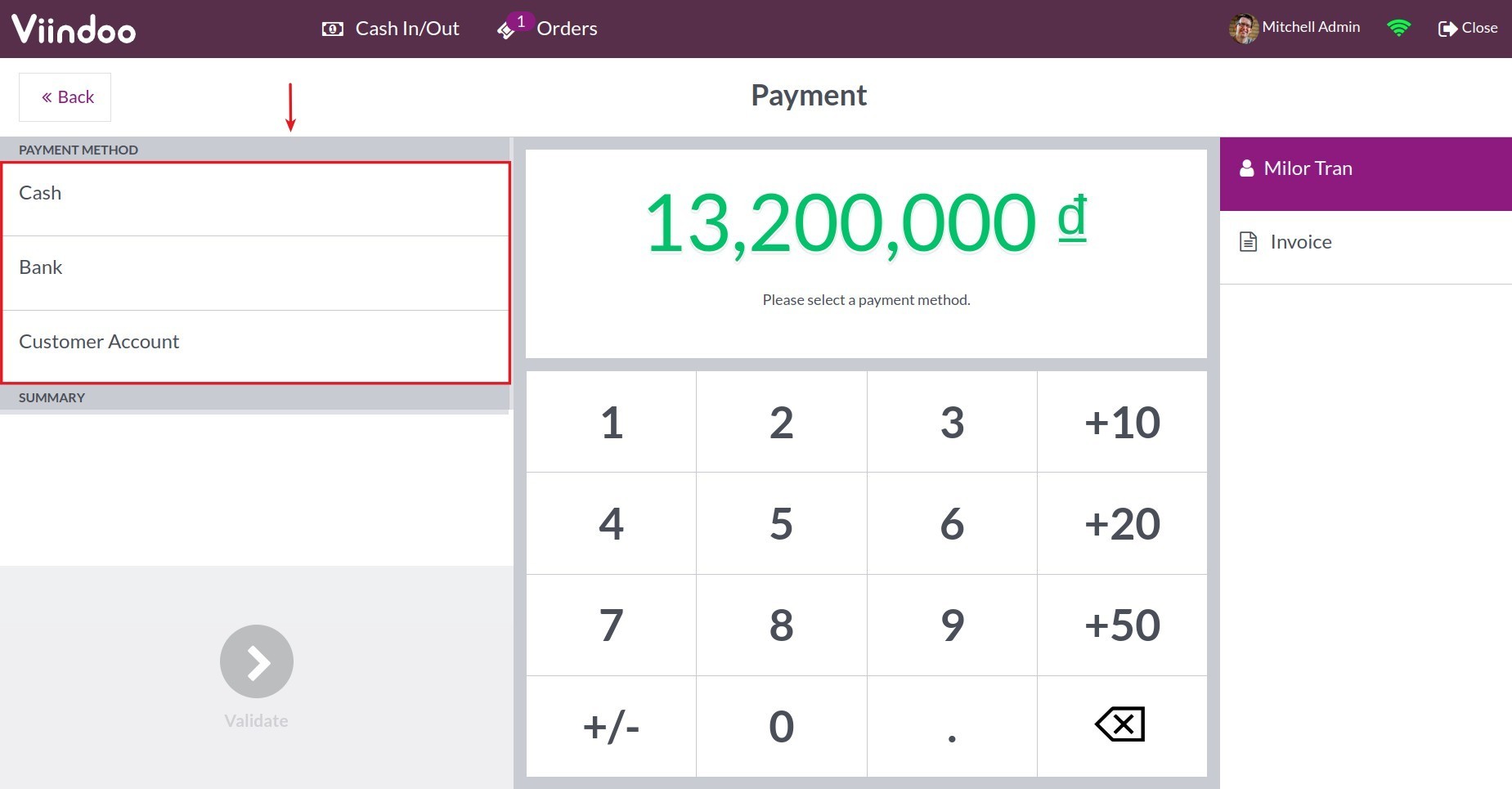 Select Payment method - Viindoo PoS