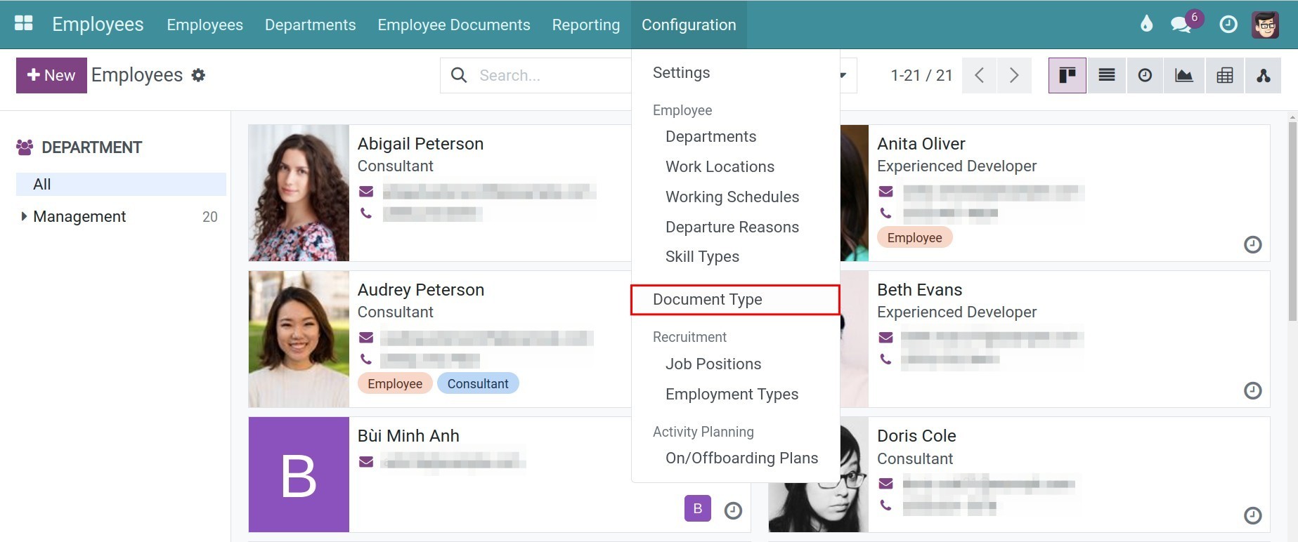 Configuration on employee menu employee document type creation Partner - Viindoo