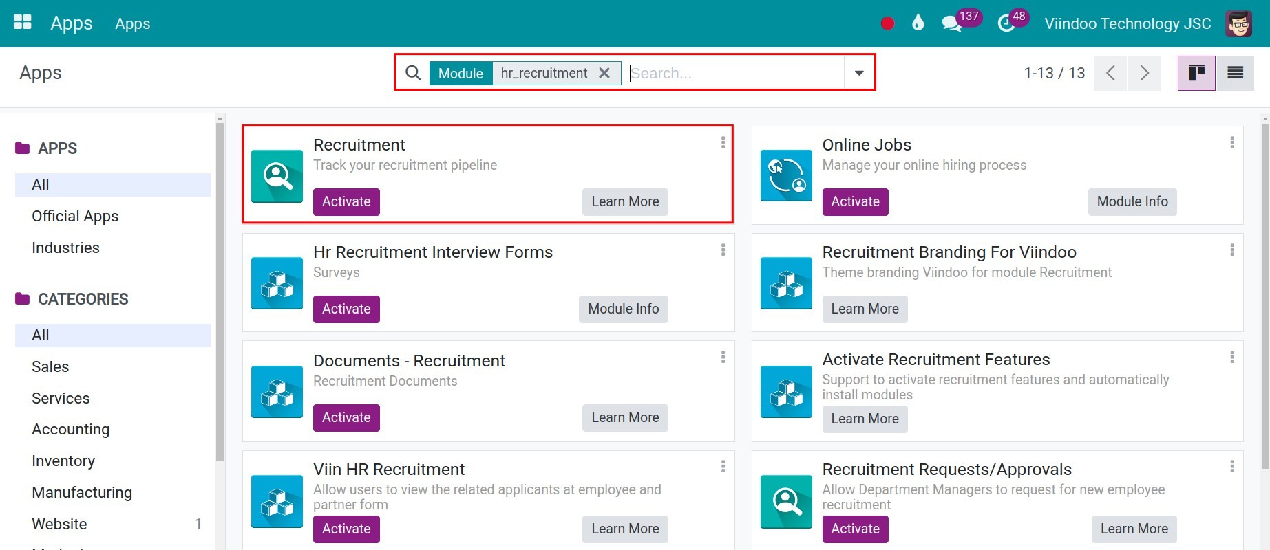 Searching the Recruitment module