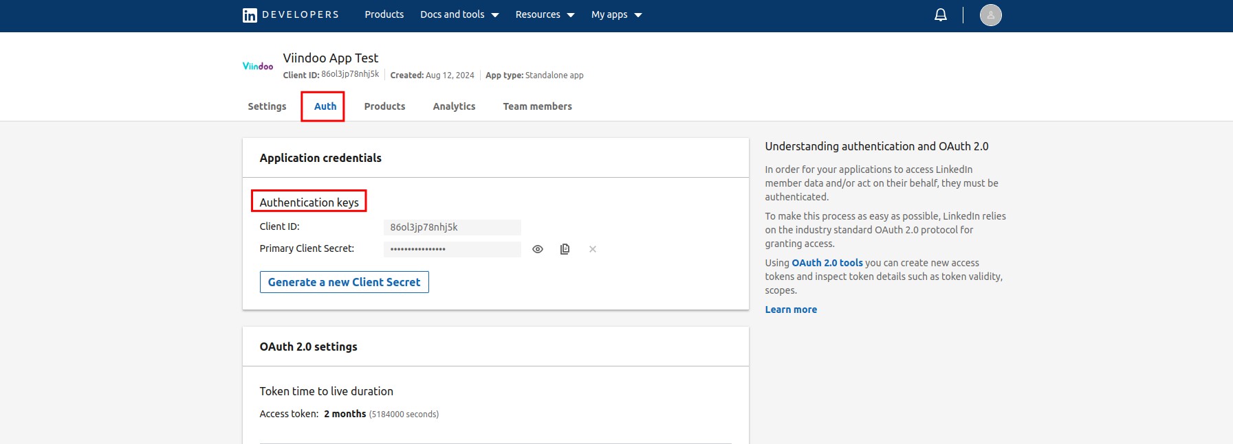 Copy Linkedin application credentials