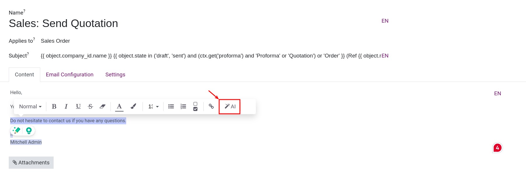 Default text result