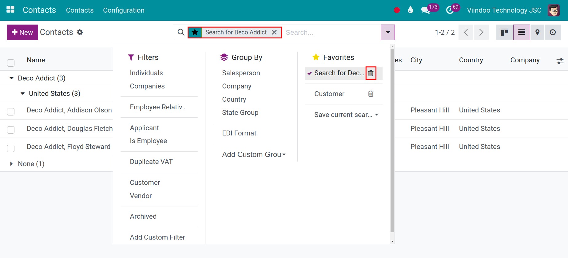 Using of deleting the saved filter