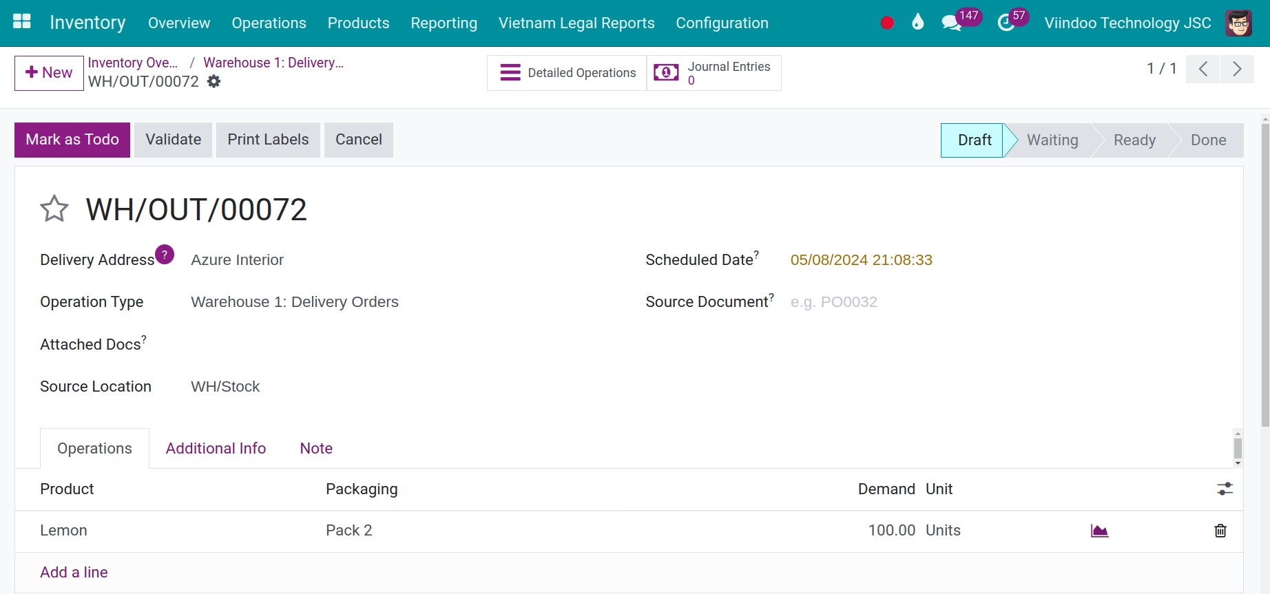 create the stock delivery with a quantity of 100