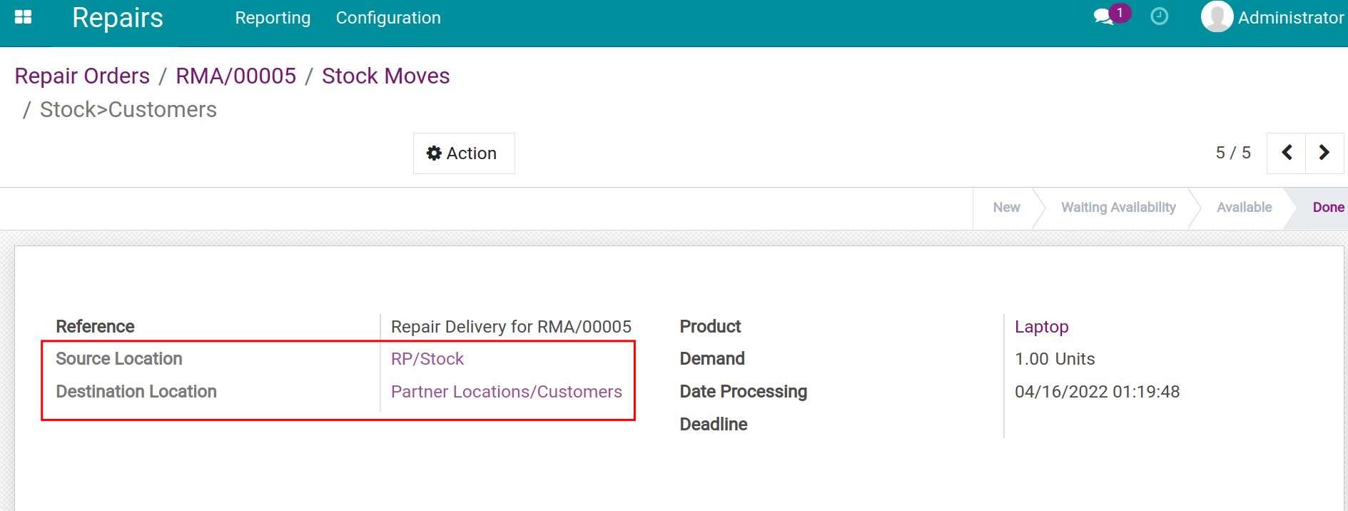 Transfer order recording the return product to customers