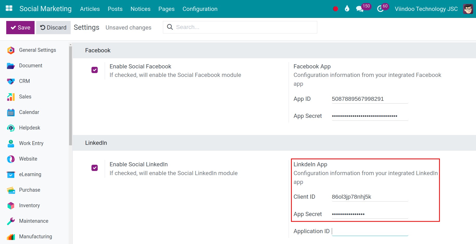 Paste Linkedin application credentials