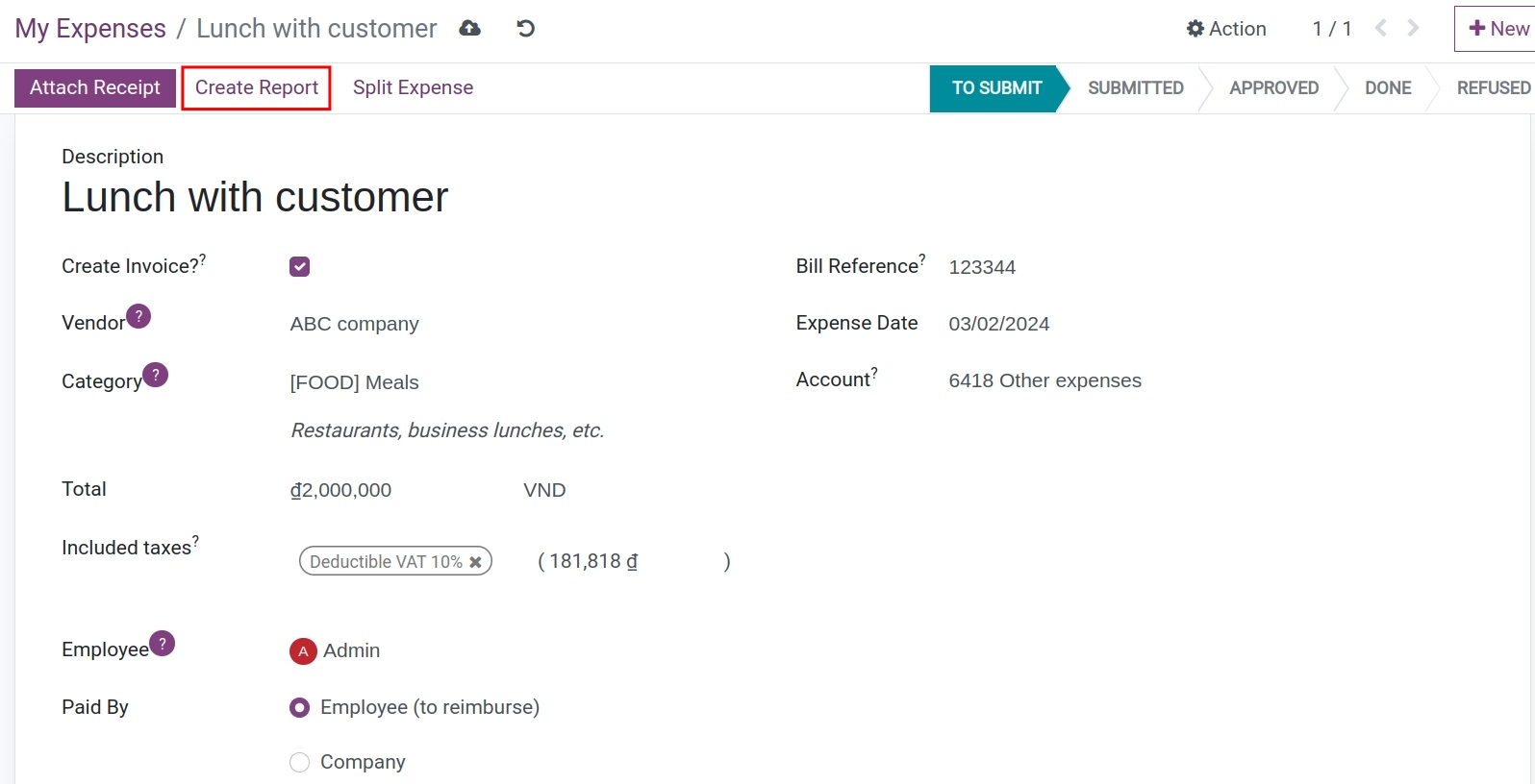 Create a report for the expense