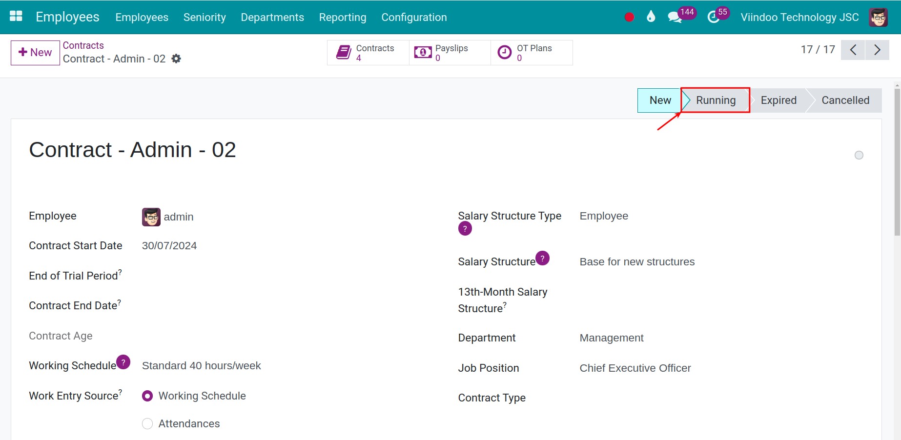 Change a contract from new to running stage