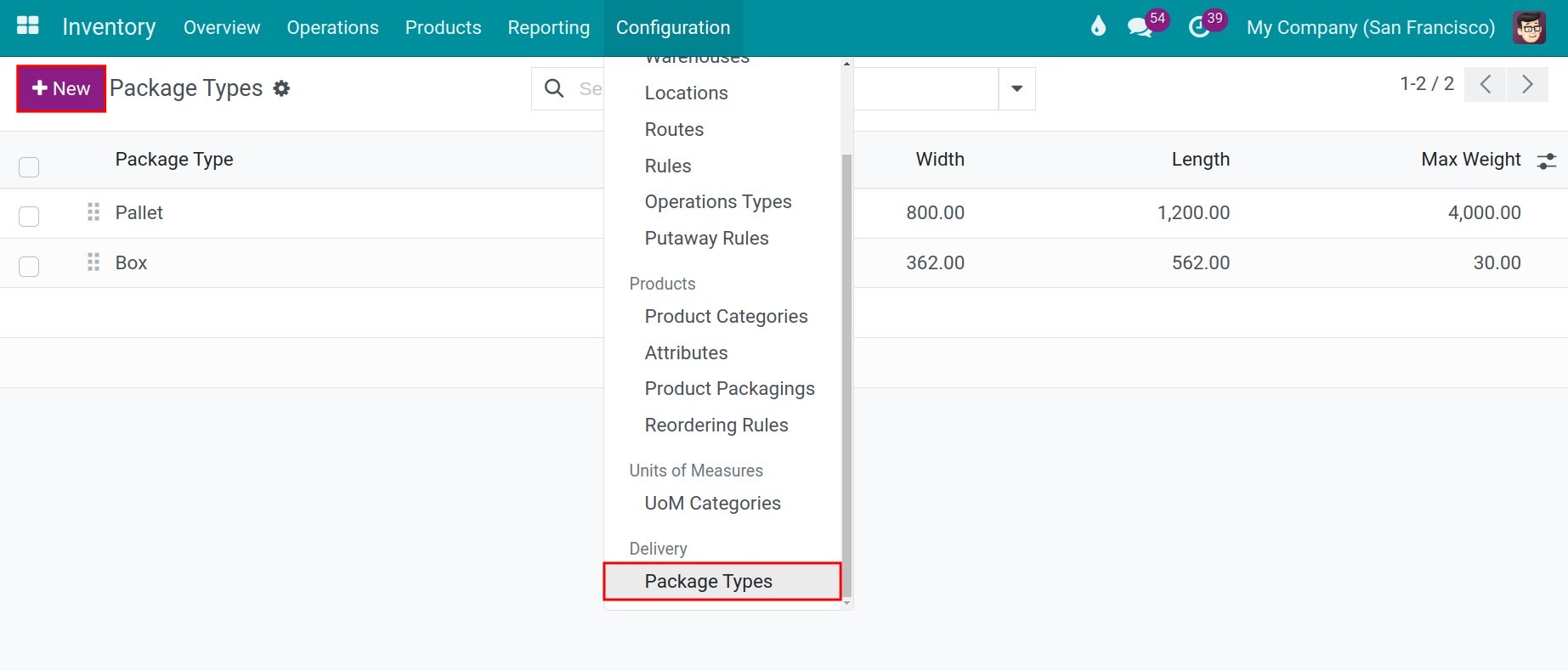 Configuring the package types in Viindoo Stock Management module